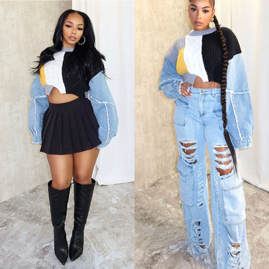 Denim Sweater Mix Top