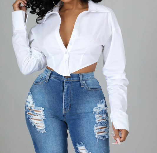 Relations Ruched Sleeves White Top