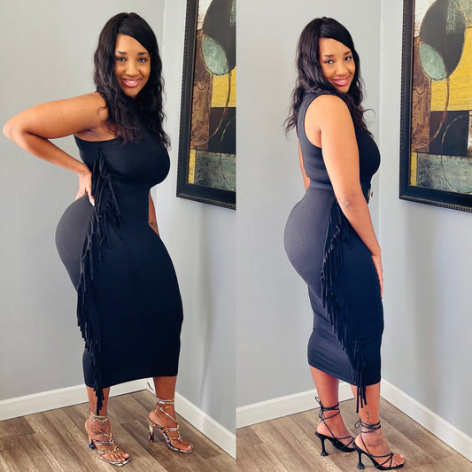No Interruptions Black Fringe Dress
