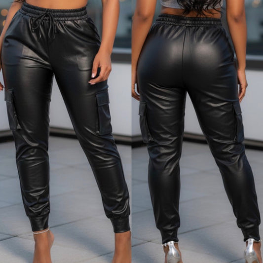 Faux Leather Joggers - Black